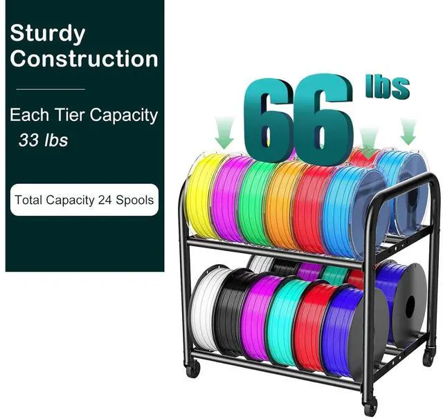 Alt view image 5 of 7 - 2-Tier Metal Filament Rack, Compact Under Desk 3D Filament Spools Rolling Cart with Adjustable Spools Storage Holds 24+ PLA/ABS/TPU Filaments, for Home, Office Workshop, Studio