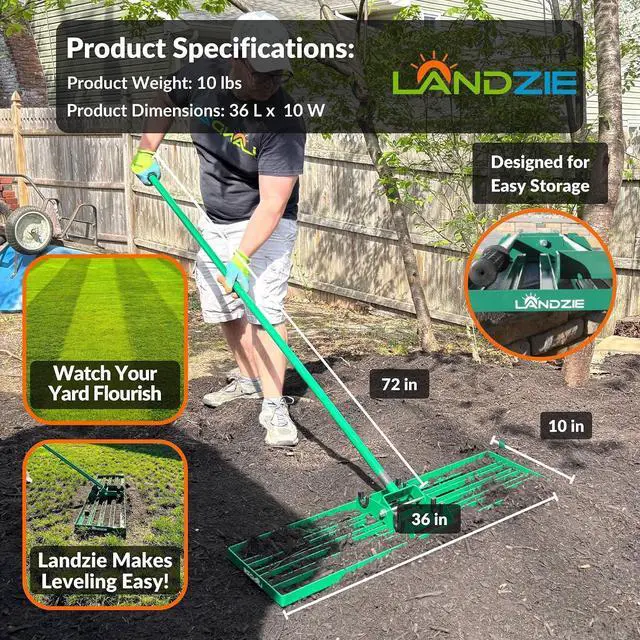 Alt view image 3 of 7 - LANDZIE - The Original Lawn Leveling Rake 36" Steel Handle Yard Leveler, Lawn Level Tool for Creating a Flat Surface - Works for Soil, Dirt, Topdressing, and Ground
