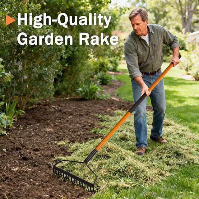 Alt view image 2 of 7 - Nohovu Garden Rake - 14 Tine Heavy Duty Rake with 58 Inch Fiberglass Handle
