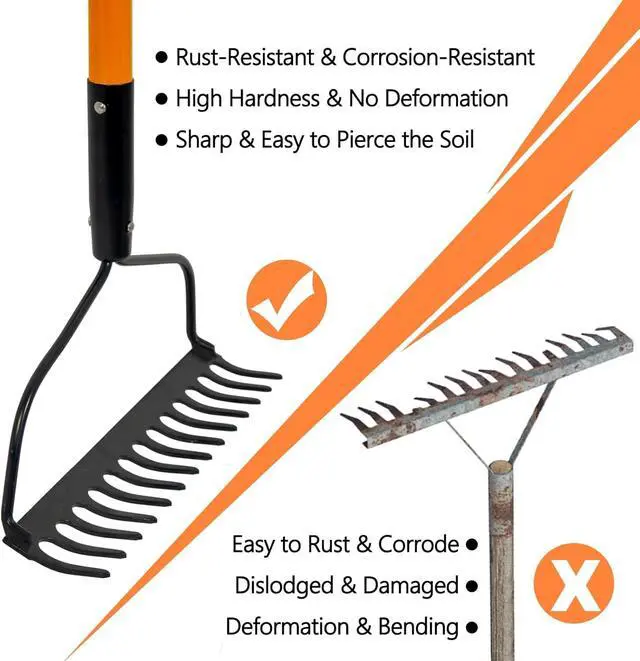 Alt view image 4 of 7 - Nohovu Garden Rake - 14 Tine Heavy Duty Rake with 58 Inch Fiberglass Handle