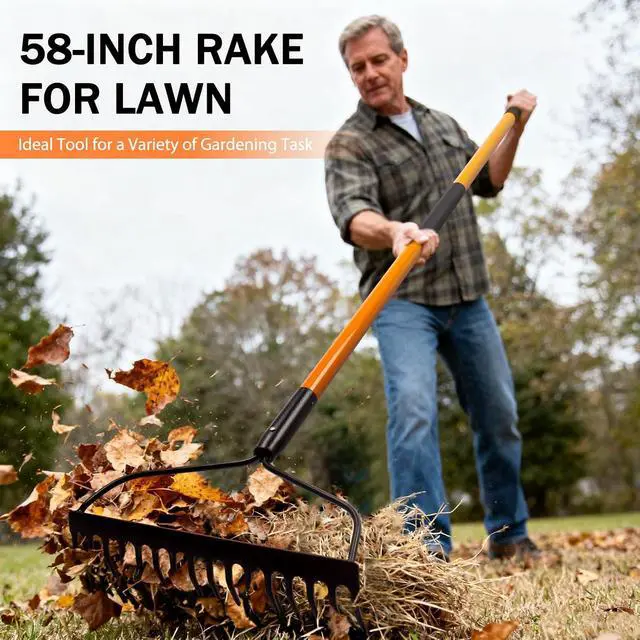 Alt view image 5 of 7 - Nohovu Garden Rake - 14 Tine Heavy Duty Rake with 58 Inch Fiberglass Handle