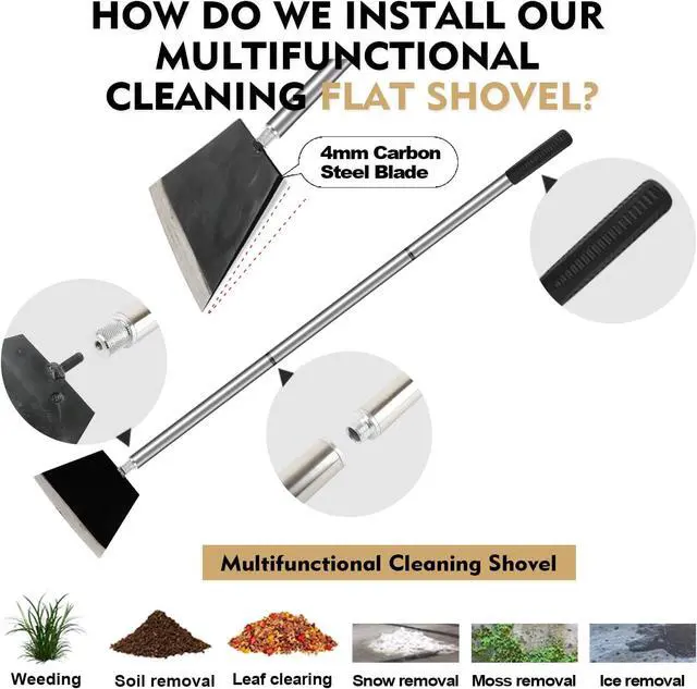 Alt view image 3 of 6 - Garden Shovel, Floor Cleaning Scraper Tool, Snow Shovel Ice Scraper, 47 inch Weed Removal Tool with 3 Sections Long Handle for Moss,Sidewalks, Driveway Yard Working - Heavy Duty