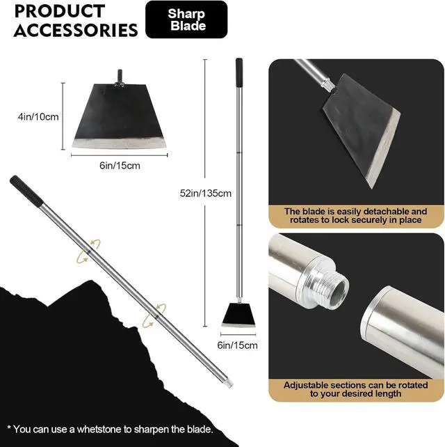 Alt view image 4 of 6 - Garden Shovel, Floor Cleaning Scraper Tool, Snow Shovel Ice Scraper, 47 inch Weed Removal Tool with 3 Sections Long Handle for Moss,Sidewalks, Driveway Yard Working - Heavy Duty