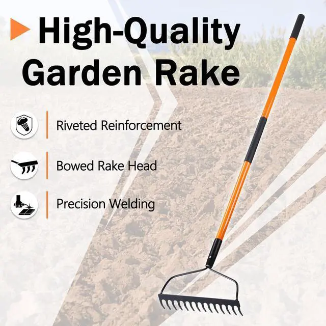 Alt view image 3 of 7 - Nohovu Garden Rake - 14 Tine Heavy Duty Rake with 58 Inch Fiberglass Handle