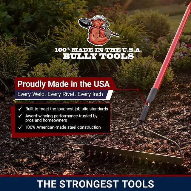 Alt view image 2 of 7 - Bully Tools Bow Rake 16" Tines | Heavy Duty Steel Garden Rake for Leaves Lawn Debris Mulch Soil and Gravel | 58" Fiberglass Handle Leaf Rake, 100% Made in USA