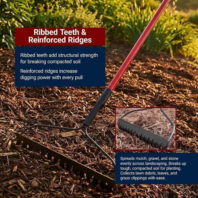 Alt view image 4 of 7 - Bully Tools Bow Rake 16" Tines | Heavy Duty Steel Garden Rake for Leaves Lawn Debris Mulch Soil and Gravel | 58" Fiberglass Handle Leaf Rake, 100% Made in USA