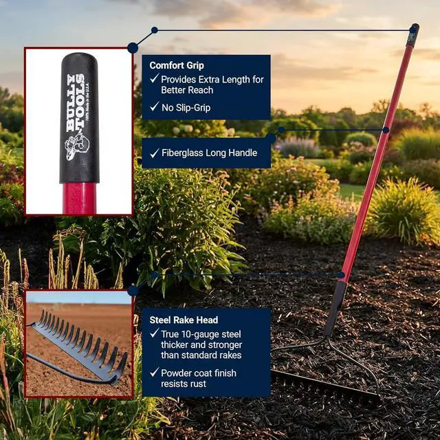 Alt view image 3 of 7 - Bully Tools Bow Rake 16" Tines | Heavy Duty Steel Garden Rake for Leaves Lawn Debris Mulch Soil and Gravel | 58" Fiberglass Handle Leaf Rake, 100% Made in USA
