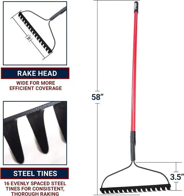 Alt view image 5 of 7 - Bully Tools Bow Rake 16" Tines | Heavy Duty Steel Garden Rake for Leaves Lawn Debris Mulch Soil and Gravel | 58" Fiberglass Handle Leaf Rake, 100% Made in USA