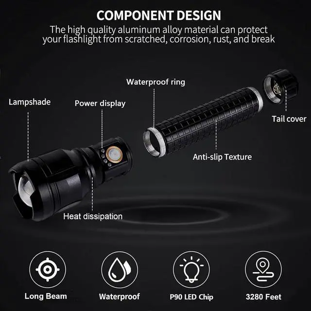 Alt view image 3 of 7 - LBE Rechargeable Brightest LED Flashlight, 99,000 High Lumens Super Bright Powerful Flashlight with 5 Modes, IPX7 Waterproof Handheld Large Flash Light for Emergencies Camping
