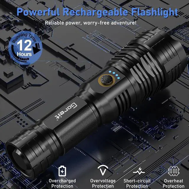 Alt view image 4 of 7 - Flashlights LED High Lumens Rechargeable, Goreit 20,000 Lumens XHP70.2 Super Bright Flashlight, Flash Light Battery Powered, Powerful Handheld Flashlight with holster for Emergency Camping Hiking Gift