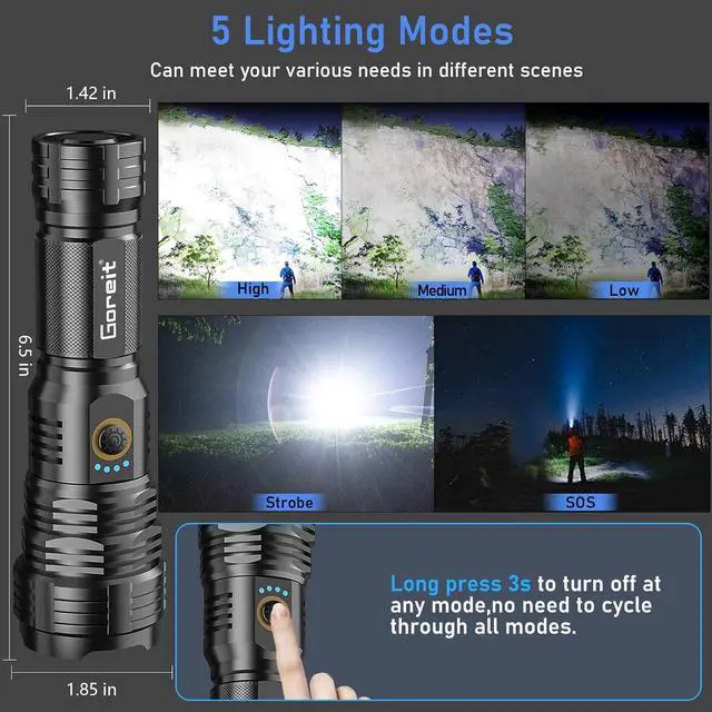 Alt view image 5 of 7 - Flashlights LED High Lumens Rechargeable, Goreit 20,000 Lumens XHP70.2 Super Bright Flashlight, Flash Light Battery Powered, Powerful Handheld Flashlight with holster for Emergency Camping Hiking Gift