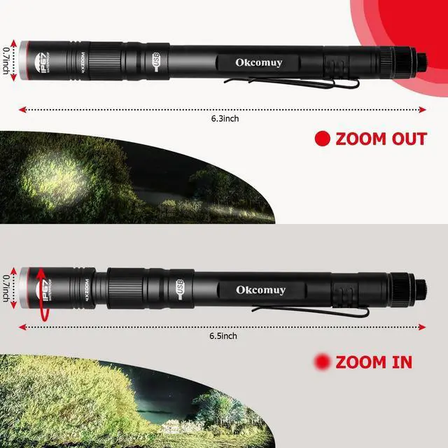 Alt view image 5 of 7 - okcomuy Rechargeable LED Pen Light Flashlight,300 Lumens IP67 Waterproof with Pocket Clip 4-Zoomable| 3 Modes, Prefect Pocket Small Flashlight for Inspection,Work,Repair,Camping