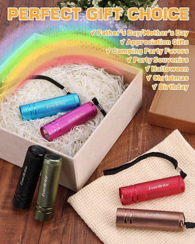 Alt view image 3 of 7 - EverBrite 6-Pack Mini Flashlight Set, Aluminum LED Handheld Torches with Lanyard, Assorted Colors, 18 AAA Batteries Included for Emergency, Camping, Power Outage, Bulk Holiday Gifts