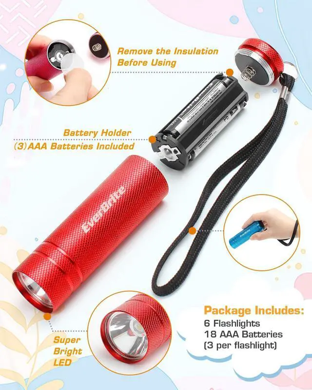 Alt view image 4 of 7 - EverBrite 6-Pack Mini Flashlight Set, Aluminum LED Handheld Torches with Lanyard, Assorted Colors, 18 AAA Batteries Included for Emergency, Camping, Power Outage, Bulk Holiday Gifts