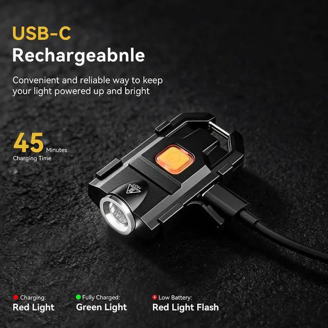 Alt view image 3 of 7 - lexall 2 Pack Keychain Flashlight 500 Lumens, USB-C Rechargeable EDC Pocket Light, Aircraft Aluminum, 3 Modes, Cap Clip & Carabiner, Glow-in-Dark Button Camping, Hiking, Concert, Emergency
