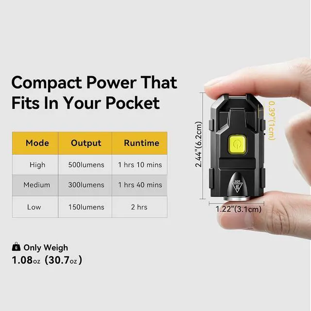 Alt view image 7 of 7 - lexall 2 Pack Keychain Flashlight 500 Lumens, USB-C Rechargeable EDC Pocket Light, Aircraft Aluminum, 3 Modes, Cap Clip & Carabiner, Glow-in-Dark Button Camping, Hiking, Concert, Emergency