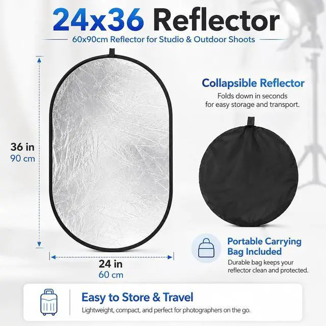 Alt view image 3 of 7 - 24x36in 5 in 1 Photography Reflector Light Diffuser 60x90cm | Bag included. Collapsible reflector diffuser for portrait, product photography reflector and studio lighting reflector