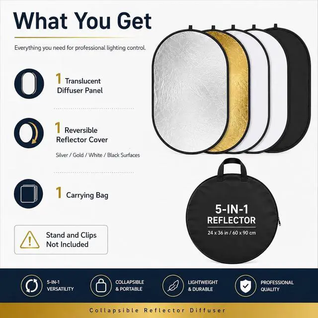 Alt view image 7 of 7 - 24x36in 5 in 1 Photography Reflector Light Diffuser 60x90cm | Bag included. Collapsible reflector diffuser for portrait, product photography reflector and studio lighting reflector