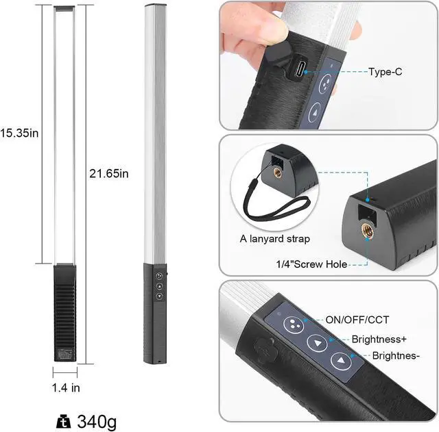 Alt view image 3 of 7 - LUXCEO RGB LED Photography Lighting Portable Wand Handheld LED Video Light 1000 Lumens CRI 95+ USB Rechargeable with Remote Control, Carry Bag, Adjustable Color Temperature 3000K-6000K and 36 Colors