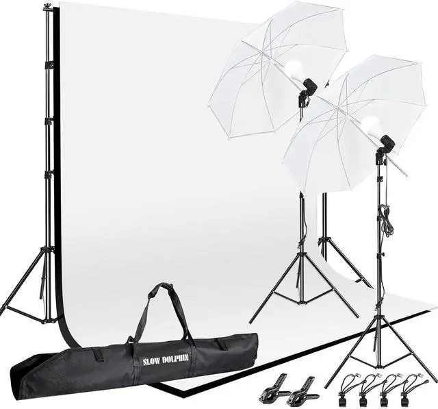 Main image of SLOW DOLPHIN 10 x 8.5 ft Photography Photo Video Studio Background Stand Support Kit with Muslin Backdrop (White Black), 5500K 85W LED Blub, Umbrella Lighting Kit for Studio, Portrait, Video Shooting