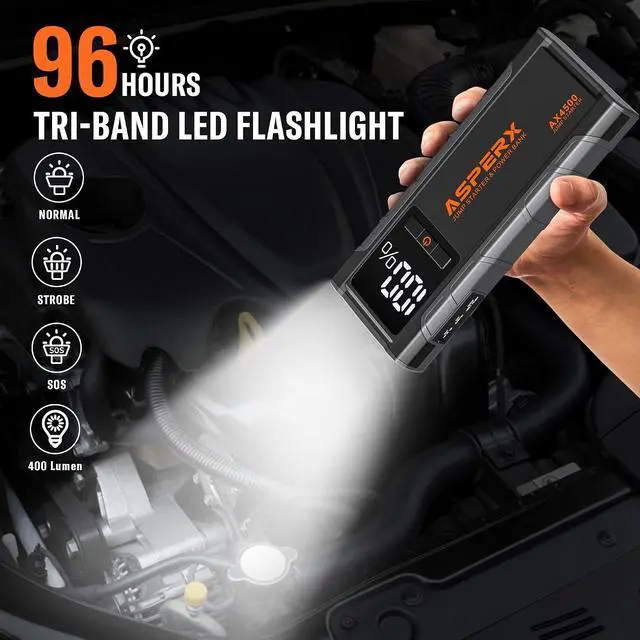 Alt view image 4 of 7 - AsperX AX4500 Jump Starter, 4500A Peak Car Jump Starter for Up to All Gas and 10.0L Diesel Engines, 12V Battery Starter with 4 Inch LCD Display, Lithium Battery Booster with Built-in LED Light