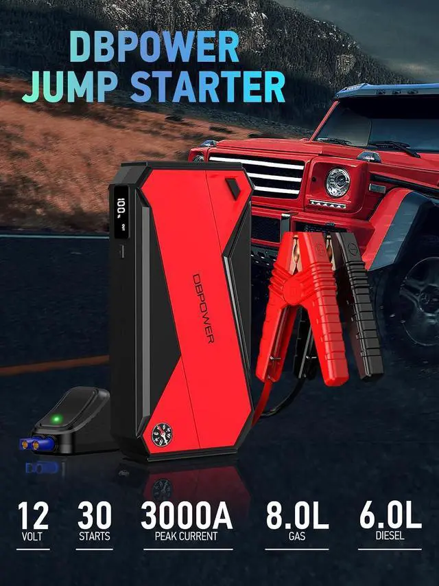 Alt view image 2 of 7 - DBPOWER Peak 3000A 18000mAh Portable Car Jump Starter (up to 8.0L Gas, 6.0L Diesel Engine) Battery Booster with Smart Charging Port, Compass, LCD Screen and LED Light (Black/Red)