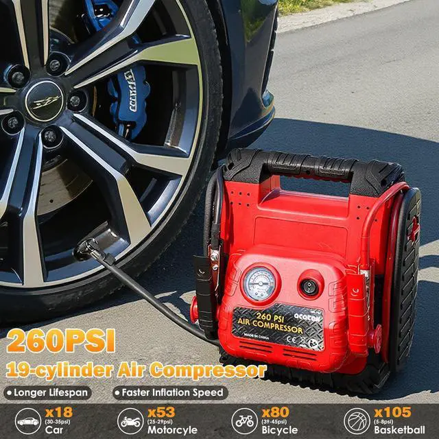 Alt view image 4 of 7 - 1800 Amp Jump Starter with Air Compressor, acetek Car Battery Jump Starter 260 PSI Tire Inflator, 20000mAh 12V Auto Lead-Acid Battery Booster (Up to 6L Gas or 6L Diesel Engine) with LED Light & USB