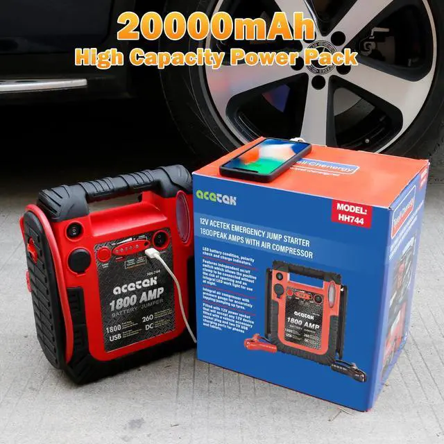 Alt view image 6 of 7 - 1800 Amp Jump Starter with Air Compressor, acetek Car Battery Jump Starter 260 PSI Tire Inflator, 20000mAh 12V Auto Lead-Acid Battery Booster (Up to 6L Gas or 6L Diesel Engine) with LED Light & USB