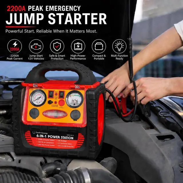 Alt view image 2 of 7 - 2200 Amp Car Jump Starter with Air Compressor,Portable Power Station with 260 PSI Tire Inflator,400W Power Inverter Dual AC/DC Ports,2.1A USB Port,Battery Clamps