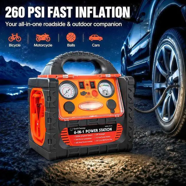 Alt view image 5 of 7 - 2200 Amp Car Jump Starter with Air Compressor,Portable Power Station with 260 PSI Tire Inflator,400W Power Inverter Dual AC/DC Ports,2.1A USB Port,Battery Clamps
