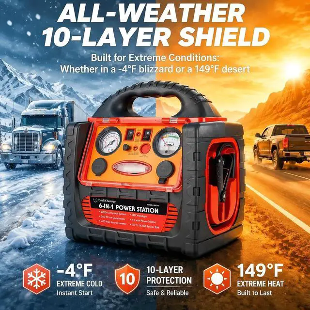 Alt view image 7 of 7 - 2200 Amp Car Jump Starter with Air Compressor,Portable Power Station with 260 PSI Tire Inflator,400W Power Inverter Dual AC/DC Ports,2.1A USB Port,Battery Clamps