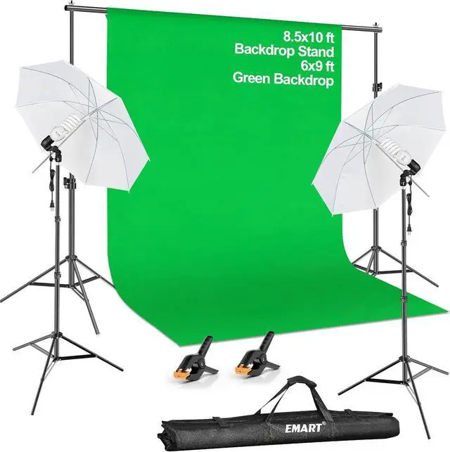 Main image of EMART 8.5X10 FT Green Screen Backdrop Kit, Photography Umbrella with 5500K Bulbs, 6X9 FT Green Backdrop with Spring Clamps, Professional Photography Lighting kit for Studio, Portrait, Video Shooting
