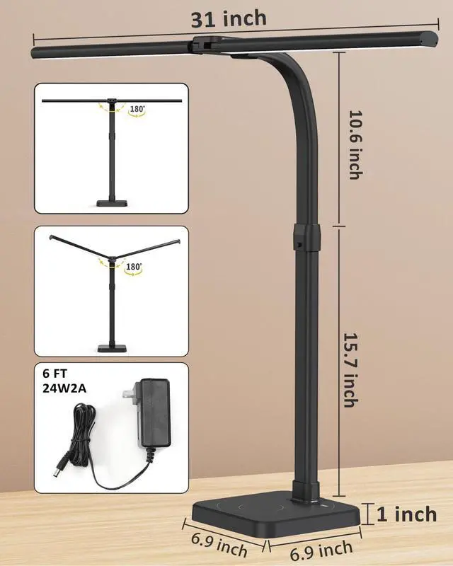 Alt view image 3 of 7 - AKRRYR LED Desk Lamp for Home Office, Double Head 24W with Base, Architect Light 5 Lighting Brightness Flexible Gooseneck Table Reading Study, Black
