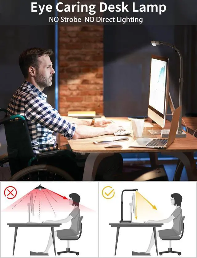 Alt view image 5 of 7 - AKRRYR LED Desk Lamp for Home Office, Double Head 24W with Base, Architect Light 5 Lighting Brightness Flexible Gooseneck Table Reading Study, Black