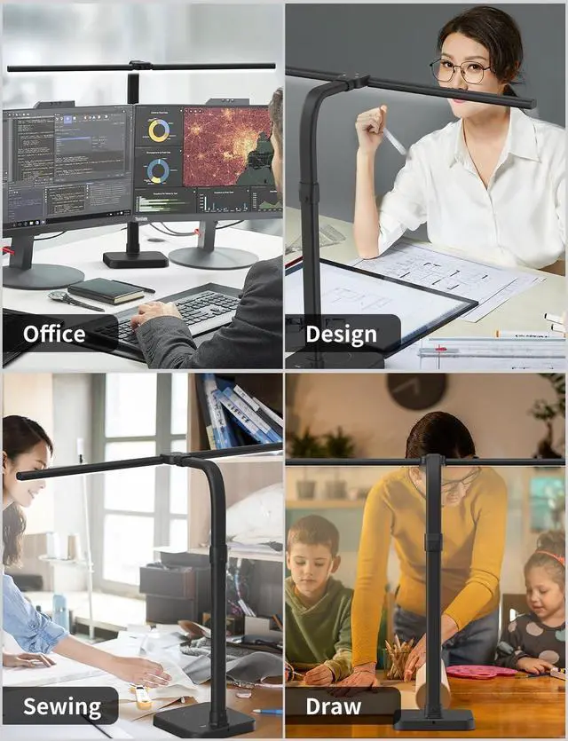 Alt view image 6 of 7 - AKRRYR LED Desk Lamp for Home Office, Double Head 24W with Base, Architect Light 5 Lighting Brightness Flexible Gooseneck Table Reading Study, Black