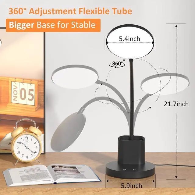 Alt view image 3 of 7 - Desk Lamp, LED Desk Lamps for Home Office, Touch Table Lamp with 3 Color Modes 360° Adjustable Arm, Dimmable Desk Light with Pen Phone Holder for College Dorm, Black