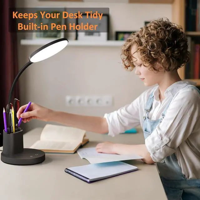 Alt view image 5 of 7 - Desk Lamp, LED Desk Lamps for Home Office, Touch Table Lamp with 3 Color Modes 360° Adjustable Arm, Dimmable Desk Light with Pen Phone Holder for College Dorm, Black