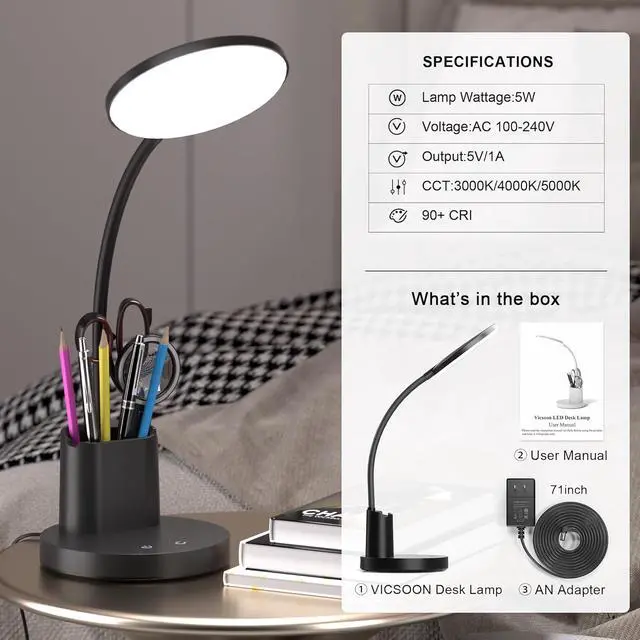 Alt view image 7 of 7 - Desk Lamp, LED Desk Lamps for Home Office, Touch Table Lamp with 3 Color Modes 360° Adjustable Arm, Dimmable Desk Light with Pen Phone Holder for College Dorm, Black