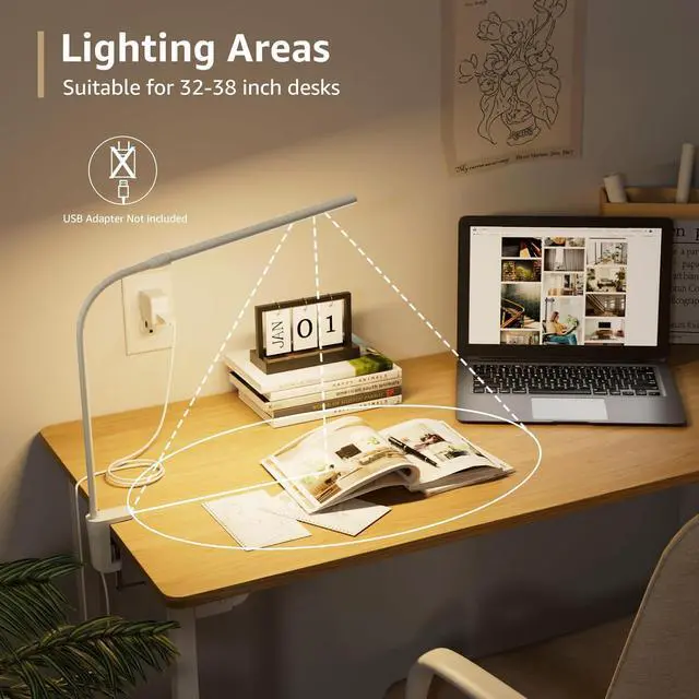 Alt view image 5 of 7 - Lepro Small Desk Lamp with Clamp, LED Reading Lamps with 450LM, 3 Color Modes 10 Brightness, Dimmable USB Clip on Desk Light with Gooseneck Swing Arm for Nail, Home Office and Dorm (White)