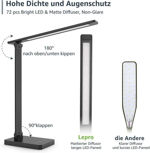 Alt view image 7 of 7 - Lepro LED Desk Lamp for Home Office, 9.5W 750LM Metal Touch Control Desk Light, 5 Color Modes 5 Brightness Level, Eye Caring Task Lamp For Reading, Sewing, Crafts, School Supplies, Puzzle Light, Black