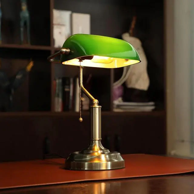 Alt view image 2 of 7 - TORCHSTAR Green Glass Bankers Desk Lamp with Pull Chain, E26 Base | Brass Finish Base, Antique Traditional Library Lamp for Office Study Room, Bulbs not Included