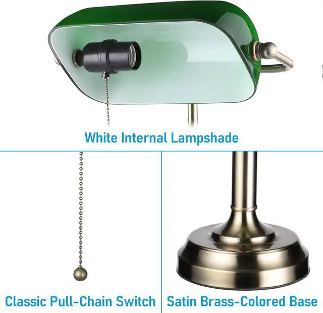 Alt view image 3 of 7 - TORCHSTAR Green Glass Bankers Desk Lamp with Pull Chain, E26 Base | Brass Finish Base, Antique Traditional Library Lamp for Office Study Room, Bulbs not Included