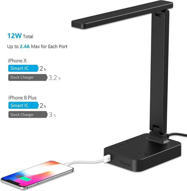 Alt view image 3 of 7 - Drevet LED Desk Lamp for College Dorm Room, Desk Light with 1 USB Charging Port 2 AC Power Outlet, 3 Lighting Modes, 3 Level Brightness Touch Lamp, Eye-Caring Home Office Foldable Table Lamp