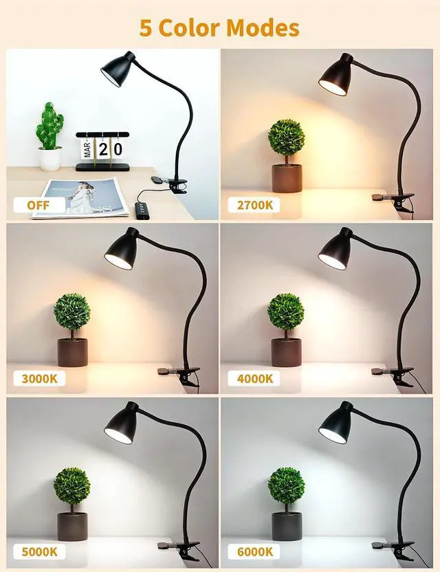 Alt view image 2 of 7 - BOHON Desk Lamp 5 Color Modes 10 Brightness Dimmer Reading Light Black | 10W 38 LED Clamp Lamp with Auto Off Timer 360° Flexible Neck Clip on Light for Bed Bedside, AC Adapter Include