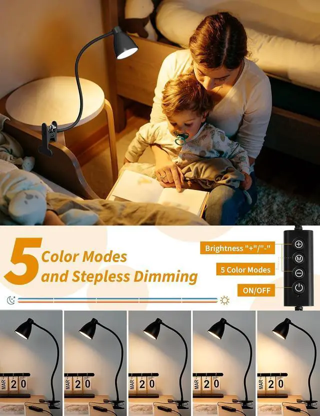 Alt view image 3 of 7 - BOHON Desk Lamp 5 Color Modes 10 Brightness Dimmer Reading Light Black | 10W 38 LED Clamp Lamp with Auto Off Timer 360° Flexible Neck Clip on Light for Bed Bedside, AC Adapter Include