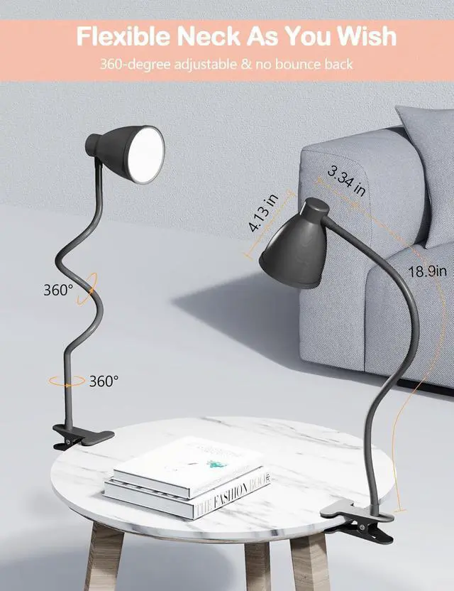 Alt view image 5 of 7 - BOHON Desk Lamp 5 Color Modes 10 Brightness Dimmer Reading Light Black | 10W 38 LED Clamp Lamp with Auto Off Timer 360° Flexible Neck Clip on Light for Bed Bedside, AC Adapter Include