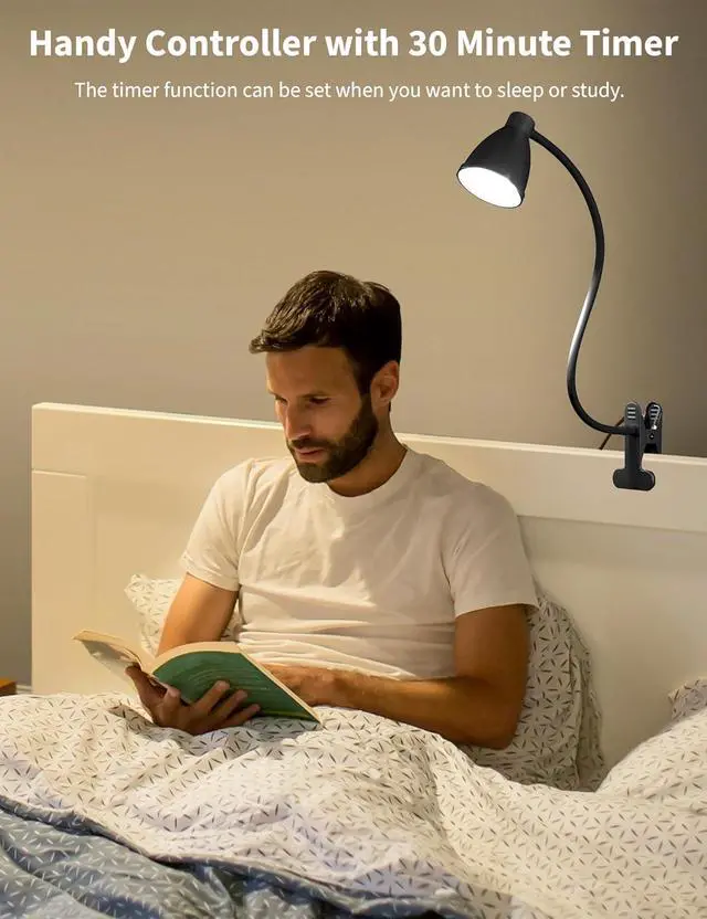 Alt view image 4 of 7 - BOHON Desk Lamp 5 Color Modes 10 Brightness Dimmer Reading Light Black | 10W 38 LED Clamp Lamp with Auto Off Timer 360° Flexible Neck Clip on Light for Bed Bedside, AC Adapter Include