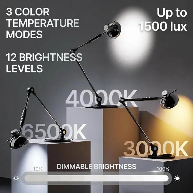 Alt view image 3 of 7 - OTUS LED Desk Lamp for Home Office, Gesture On Off and Touch Control, Tall Architect Swing Arm Desk Light, 1500 Lux Eye Care Dimmable, 12 Levels, 3 Color Temps, Weighted Metal Base