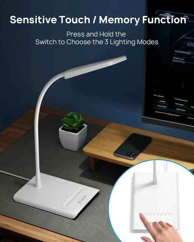 Alt view image 7 of 7 - TROND Desk Lamp, Bright Dimmable Eye-Caring Table Lamp, 3 Color Modes 7 Brightness Levels, Flexible Gooseneck, Touch Control, Memory Function, Desk Light for Home Office Dorm Room Essentials