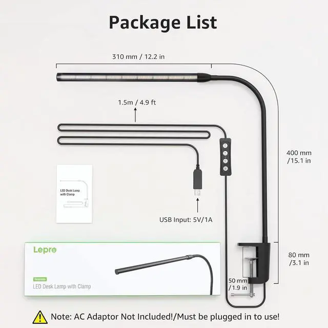 Alt view image 6 of 7 - Lepro Clip on Desk Lamp LED Reading light Dimmable USB Small Clamp Lamp with 3 Color Modes 10 Brightness, Adjustable Flexible Gooseneck Table Light for Bed Headboard, Nail, Home Office,Computer(Black)